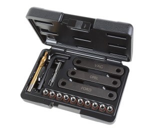 ZESTAW NARZĘDZI DO NAPRAWY USZKODZONYCH GWINTÓW GNIAZD ZACISKÓW HAMULCOWYCH M9X1.25MM, Z WKŁADAMI SPIRALNYMI, 16 ELEMENTÓW, W PUDEŁKU Z TWORZYWA SZTUCZNEGO, MODEL 437K/16