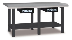 STÓŁ WARSZTATOWY Z DWIEMA SZUFLADAMI I PÓŁKĄ, BLAT POKRYTY BLACHĄ STALOWĄ OCYNKOWANĄ, SZARY,MODEL 5600/C56G, 930X2000X640MM