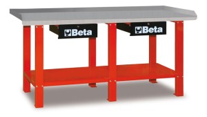 STÓŁ WARSZTATOWY Z DWIEMA SZUFLADAMI I PÓŁKĄ, BLAT POKRYTY BLACHĄ STALOWĄ OCYNKOWANĄ, CZERWONY, MODEL 5600/C56R, 930X2000X640MM
