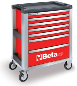 WÓZEK NARZĘDZIOWY Z SIEDMIOMA SZUFLADAMI, Z BLACHY STALOWEJ I ALUMINIUM, LAKIEROWANY CZERWONY, PUSTY, MODEL 3900/C39R7, 971X800X500MM