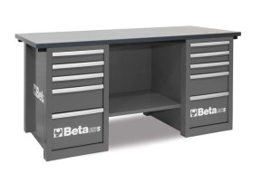 STÓŁ WARSZTATOWY Z DWIEMA SZAFKAMI, DZIESIĘĆ SZUFLAD, BLAT Z DREWNA KLEJONEGO WARSTWOWO, PUSTY, MODEL 5700/C57SCG, SZARY, 830X1900X790MM