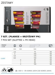 KOMPLET WKRĘTAKÓW W IZOLACJI DO 1000V, 7 SZTUK, 1112+1113+1115+1116+1120+1121+1122, W KARTONIE MODEL BM1197