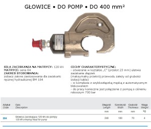 GŁOWICA HYDRAULICZNA DO ZACISKANIA 120KN, BEZ MATRYC MODEL BM284