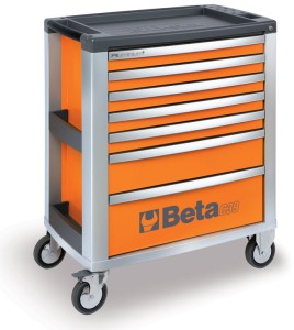 WÓZEK NARZĘDZIOWY Z SIEDMIOMA SZUFLADAMI, Z BLACHY STALOWEJ I ALUMINIUM, LAKIEROWANY POMARAŃCZOWY, PUSTY, MODEL 3900/C39O7, 971X800X500MM