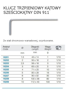 KLUCZ TRZPIENIOWY KĄTOWY, SZEŚCIOKĄTNY, 2 MM, 50X16 MM, OCYNKOWANY MODEL BM16202