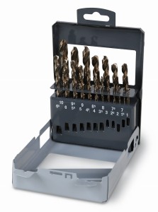 KOMPLET WIERTEŁ CYLINDRYCZNYCH KRÓTKICH SZLIFOWANYCH 415, HSS-Co 5%, KOBALTOWYCH, 1-10X0,5 MM, 19 SZTUK W PUDEŁKU METALOWYM, MODEL 415CO/SP19