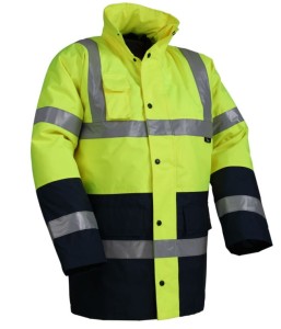 KURTKA OSTRZEGAWCZA O INTENSYWNEJ WIDZIALNOŚCI 100% POLIESTRU Z GRUBĄ PODSZEWKĄ, PRZECIWDESZCZOWA Z CHOWANYM KAPTUREM ŻÓŁTO-GRANATOWA, MODEL VWJK05OY