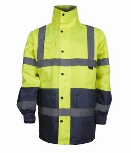 KURTKA PRZECIWDESZCZOWA, OSTRZEGAWCZA O INTENSYWNEJ WIDZIALNOŚCI, 100% POLIESTRU OXFORD 300D POWLEKANEGO PU, Z CHOWANYM KAPTUREM, SIATECZKOWA PODSZEWKA, ŻÓŁTO-GRANATOWA, MODEL VWJK61YN RPZMIAR