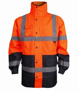 KURTKA PRZECIWDESZCZOWA, OSTRZEGAWCZA O INTENSYWNEJ WIDZIALNOŚCI, 100% POLIESTRU OXFORD 300D POWLEKANEGO PU, Z CHOWANYM KAPTUREM, SIATECZKOWA PODSZEWKA, POMARAŃCZOWO-GRANATOWA, MODEL VWJK61ON RPZMIAR