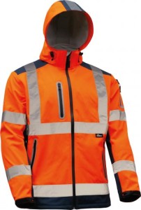 KURTKA SOFTSHELL OSTRZEGAWCZA O INTENSYWNEJ WIDZIALNOŚCI ODPORNA NA DESZCZ, Z KAPTUREM, POMARAŃCZOWO-GRANATOWA, MODEL VWJK177ON