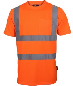 T-SHIRT OSTRZEGAWCZY O INTENSYWNEJ WIDZIALNOŚCI, PRZEWIEWNY POLIESTER PIQUE, 2 TAŚMY ODBLASKOWE POZIOME I 2 PIONOWE NA RAMIONACH, POMARAŃCZOWY, MODEL VWTS03-BO