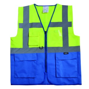 KAMIZELKA Z WIELOMA KIESZENIAMI, ZAPINANA NA ZAMEK, OSTRZEGAWCZA O INTENSYWNEJ WIDZIALNOŚCI, W KONTRASTOWYCH KOLORACH, ŻÓŁTO-NIEBIESKA, MODEL VWRW01SB-YB