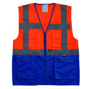 KAMIZELKA Z WIELOMA KIESZENIAMI, ZAPINANA NA ZAMEK, OSTRZEGAWCZA O INTENSYWNEJ WIDZIALNOŚCI, W KONTRASTOWYCH KOLORACH, POMARAŃCZOWO-NIEBIESKA, MODEL VWRW01SB-OB