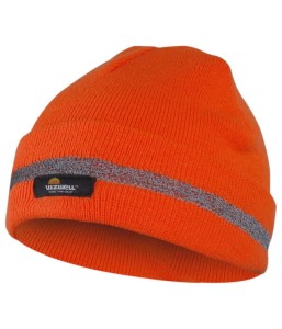 CZAPKA OSTRZEGAWCZA O INTENSYWNEJ WIDZIALNOŚCI W KOLORZE FLUORESCENCYJNYM POMARAŃCZOWYM,ODBLASKOWY PASEK, MODEL VW21502O ROZMIAR UNIWERSALNY