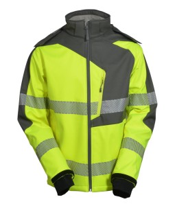 KURTKA SOFTSHELL, OSTRZEGAWCZA O INTENSYWNEJ WIDZIALNOŚCI, (PRZECIWDESZCZOWA, ODDYCHAJĄCA, KOLOR ŻÓŁTO-SZARY, MODEL VWJK267YG