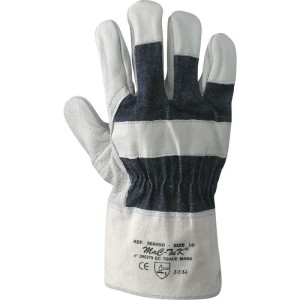 RĘKAWICE ROBOCZE ZE SKĘRY LICOWEJ I PŁÓTNA, (WNETRZE DŁONI, PALCE I KNYKCIE ZE SKĘRY), KOLOR GRANATOWO-BIAŁY, MODEL 015/B 368050 (1 PARA)