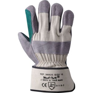 RĘKAWICE ROBOCZE Z DWOINY BYDLĘCEJ (KCIUK I WSKAZUJĄCY CAŁY, WNĘTRZE DŁONI WZMOCNIONE) I PŁÓTNA, KOLOR SZARO-ZIELONY, MODEL 32TOP 360025 (1 PARA)