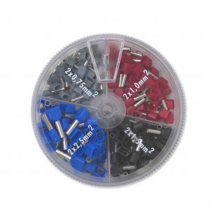 ZESTAW KOŃCÓWEK TULEJKOWYCH PODWÓJNYCH IZOLOWANYCH W PLASTIKOWYM PUDEŁKU, (50X0.75/8 SZARE, 50X1/8 CZERWONA, 50X1.5/8 CZARNE, 50X2.5/10 NIEBIESKIE) MODEL BM00423