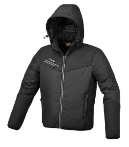 KURTKA 100% POLIESTRU 300D Z ODPINANYM KAPTUREM, WATOWANIE 160G/M2, WODOODPORNA, DUŻA ILOŚĆ KIESZENI, KOLOR CZARNY, MODEL 7780T