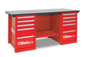 STÓŁ WARSZTATOWY Z DWIEMA SZAFKAMI, DZIESIĘĆ SZUFLAD, BLAT Z DREWNA KLEJONEGO WARSTWOWO, PUSTY, MODEL 5700/C57SCR, CZERWONY, 830X1900X790MM