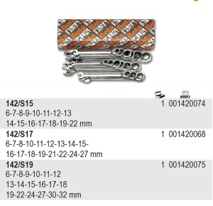 KOMPLET KLUCZY PŁASKO-OCZKOWYCH Z DWUKIERUNKOWYM MECHANIZMEM ZAPADKOWYM 142, 6 - 32 MM, 19 SZTUK, W KARTONIE, MODEL 142/S19
