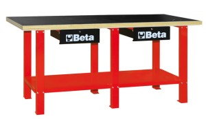 STÓŁ WARSZTATOWY Z DWIEMA SZUFLADAMI I PÓŁKĄ, BLAT ZE SKLEJKI WIELOWARSTWOWEJ, CZERWONY,MODEL 5600/C56W, 930X2000X720MM