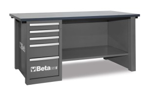 STÓŁ WARSZTATOWY Z SZAFKĄ Z PIĘCIOMA SZUFLADAMI, BLAT Z DREWNA KLEJONEGO WARSTWOWO, PUSTY, MODEL 5700/C57SDG, SZARY, 830X1900X790MM