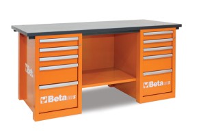 STÓŁ WARSZTATOWY Z DWIEMA SZAFKAMI, DZIESIĘĆ SZUFLAD, BLAT Z DREWNA KLEJONEGO WARSTWOWO, PUSTY, MODEL 5700/C57SCO, POMARAŃCZOWY, 830X1900X790MM