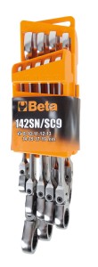 KOMPLET KLUCZY PŁASKO-OCZKOWYCH Z DWUKIERUNKOWYM MECHANIZMEM ZAPADKOWYM, PRZEGUBOWYCH 142SN, 9 SZTUK, 8-19 MM, W UCHWYCIE Z TWORZYWA SZTUCZNEGO, MODEL 142SN/SC9