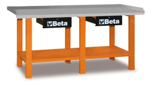 STÓŁ WARSZTATOWY Z DWIEMA SZUFLADAMI I PÓŁKĄ, BLAT POKRYTY BLACHĄ STALOWĄ OCYNKOWANĄ, POMARAŃCZOWY,MODEL 5600/C56O, 930X2000X640MM