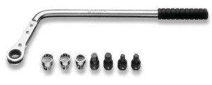 KLUCZ OCZKOWY WYGIĘTY Z DWUKIERUNKOWYM MECHANIZMEM ZAPADKOWYM 12MM Z ZESTAWEM KOŃCÓWEK SPECJALNYCH, 8 ELEMENTÓW, MODEL 1477K/7